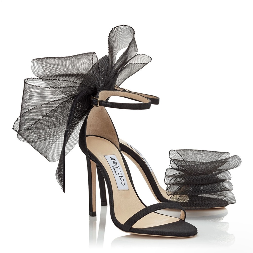 💕 NWT 💕 JIMMY CHOO AVELINE 100 Black Asymmetric Grosgrain Mesh Fascinator